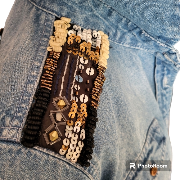 Miss Me womens denim button up western rodeo boho cowgirl beaded embellish top - Picture 5 of 12